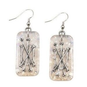 Skull Crossbones Resin Dangle Earrings Clear Glitter Goth Halloween OOAK